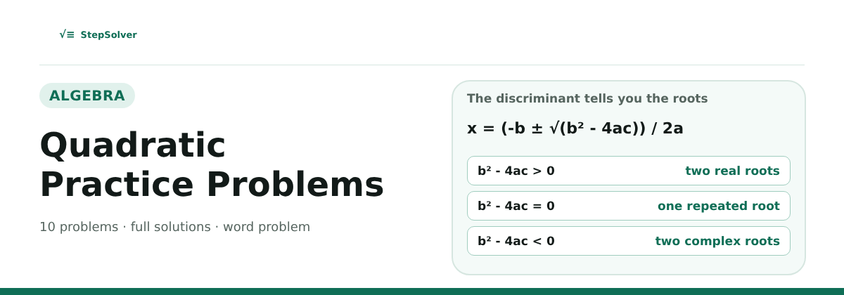The quadratic formula with the three discriminant cases: two real roots, one repeated root and two complex roots